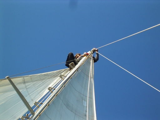 Francis on top of the mast, middle of Atlantic, Yacht Black Arrow, safesailing