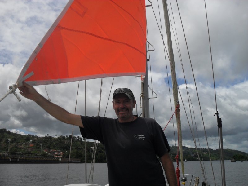 dayglo orange trysail, flying.